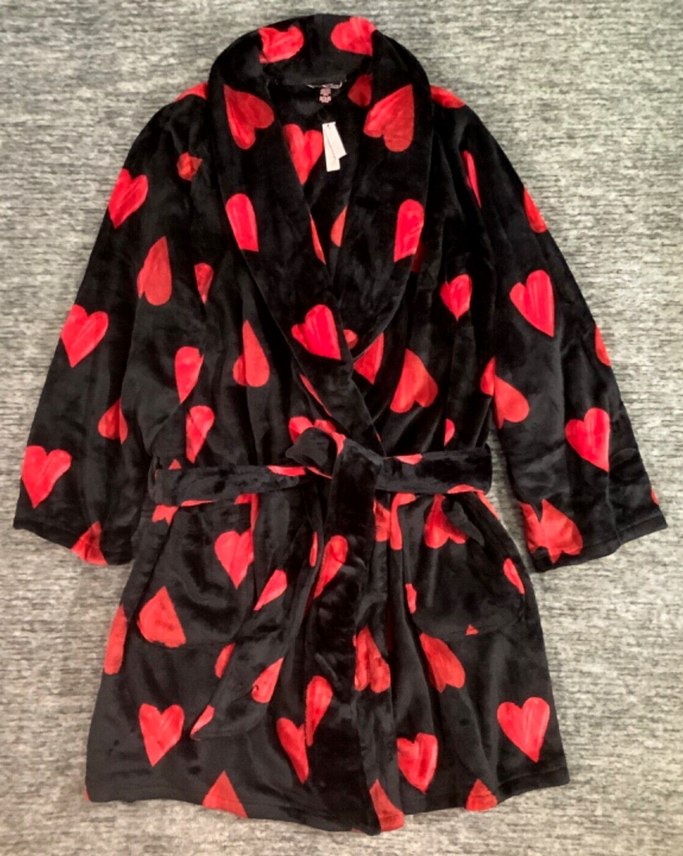 Victoria's Secret Fleece Plush Robe Black Red Hearts Valentine's