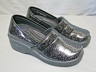 EASY WORKS womens slip on clogs size 6.5 M black & silver patent leather upper 