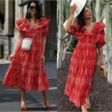 Zara Embroidered Red Ruffle Red Midi Dress, Size XS