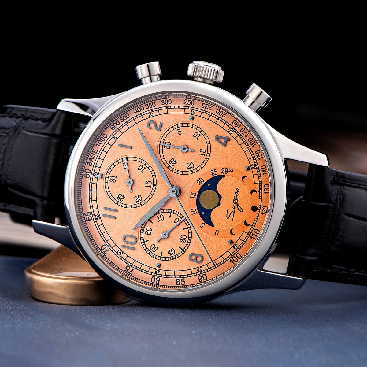 Sugess MoonPhase Gold SWAN NECK Chronograph Mens Watch Seagull