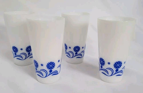 VINTAGE Set 4 Hazel Atlas Blue Cornflower Daisy Milk Glass 8 Oz. Tumblers