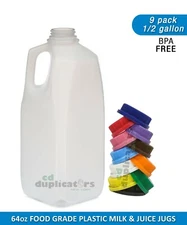 9 - 1/2 Gallon HDPE Plastic Milk Jugs With Tamper Proof Caps 64 oz. Juice Jugs