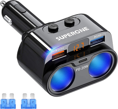 SUPERONE 200W 2-Socket Cigarette Lighter Splitter Power Adapter, USB C  20W 