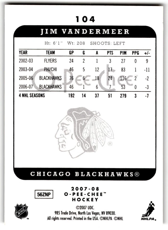 Jim Vandermeer 2007-08 O-Pee-Chee Micromotion #104 Chicago Blackhawks - Image 2 of 2
