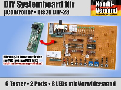 DIY µC Mikrocontroller Systemboard bis DIP-28, 6 Taster 2 Potis 8 LEDs