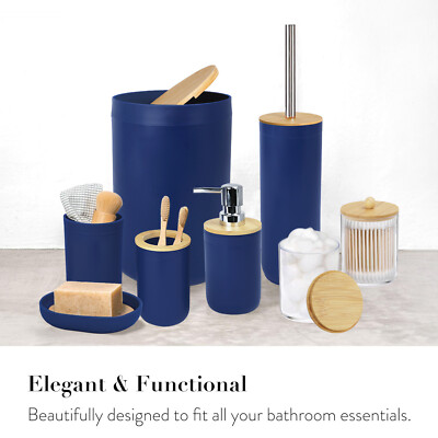 Blue Bamboo Bathroom Accessories Set 8 Piece Ensemble for Decorative Countertop