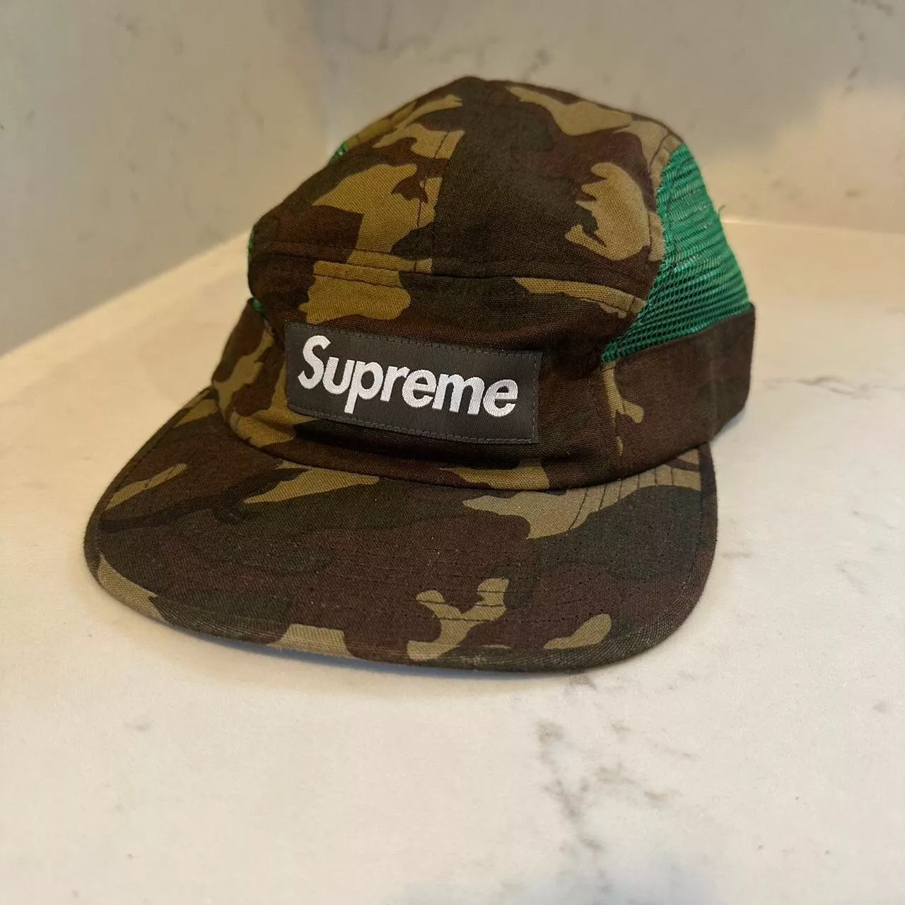 Casquette de camp vintage logo boîte suprême cinq panneaux camouflage vert maille