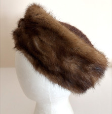 Vintage Mink Fur  Wool Pillbox Hat Brown 56 Cm Made in USA Old Money 1960s READ