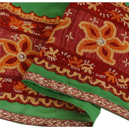 Sanskriti Vintage Green Georgette Hand Embroidered Design Fabric Craft 7"X40" - Picture 3 of 6