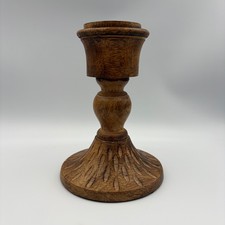 Vintage Rustic Hand Carved Dark Brown Wooden Candle Stick 17cm