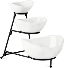 3 Tiered Oval Serving Bowl With Collapsible Metal Rack Chip and Dip Serving S...
