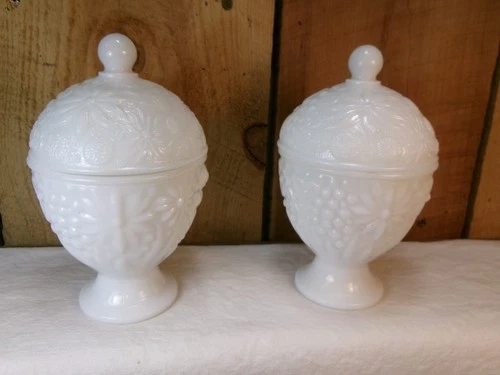 Lot of 2 Vintage 1960's Avon Milk Glass Floral Vanity Trinket Candy Dish w/Lids