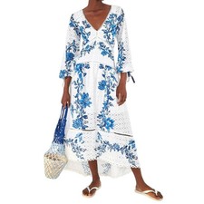 Farm Rio Arara Maxi Dress XS White Blue Floral Eyelet Lace Boho Vacation NWT