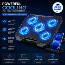 Laptop Cooling Pad 5 Fan Adjustable Cooler Stand 12-17 Inch with Holder
