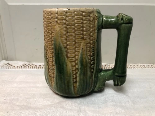 Antique Victorian Brush McCoy Pottery Majolica Cornware Cob Mug #4 Signed Cusick