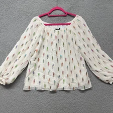 Drew Top Womens M White Colorful Metallic Mermaid Flowy Art To Wear Feathers