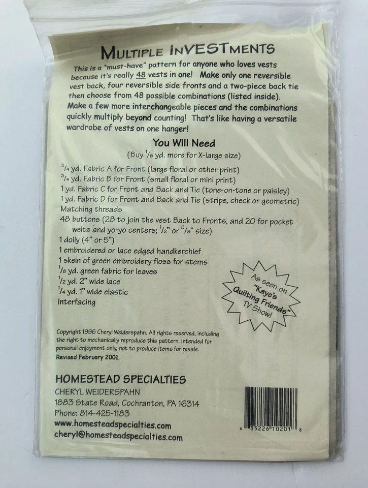 Homestead Specialties Multiple INVESTments Sewing Pattern HS102 S M L XL UNCUT - Image 2 of 4