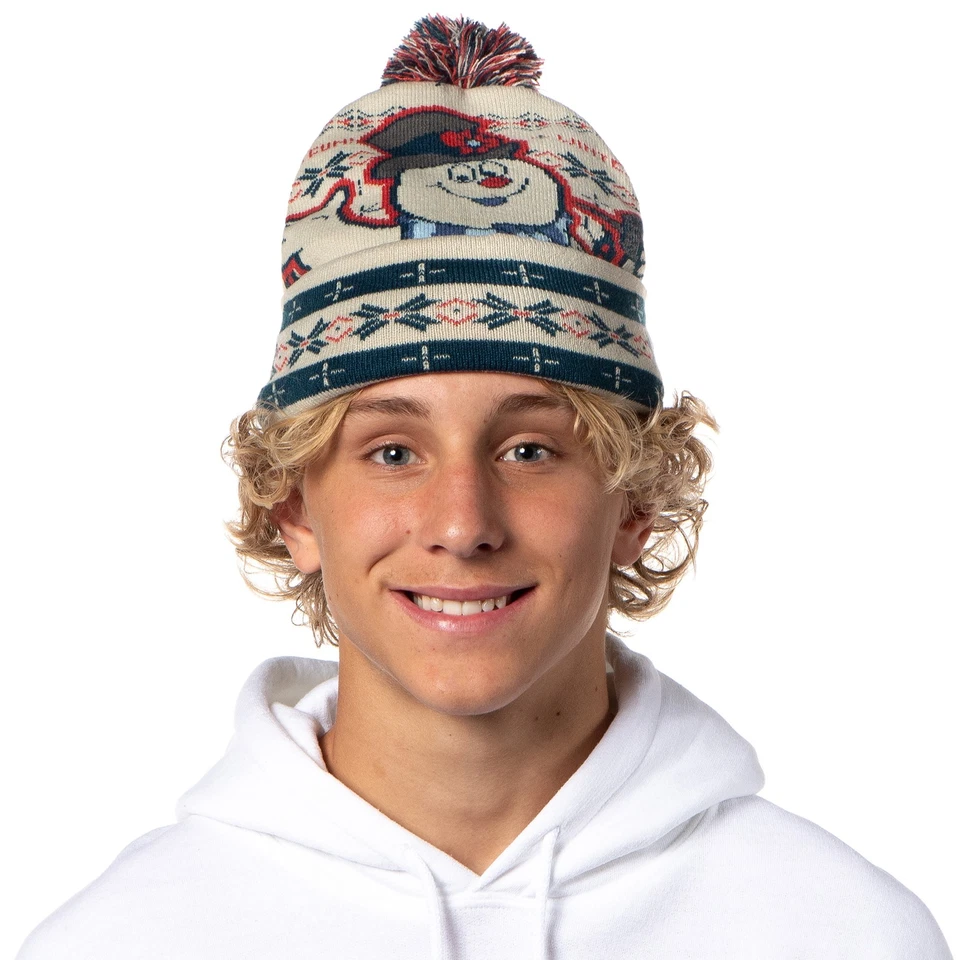 Frosty The Snowman Beanie Winter Fun Fair Isle Frosty Design Cuff Top Pom Beanie - Image 3 of 4