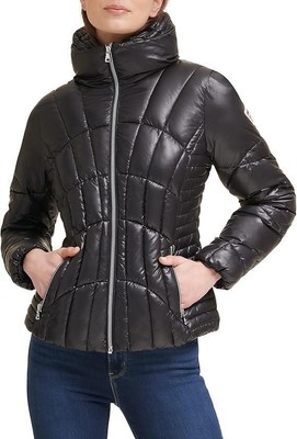 Guess Womens Jacket M Quilted Puffer Insulated Zip Front Mock Collar Black $225
