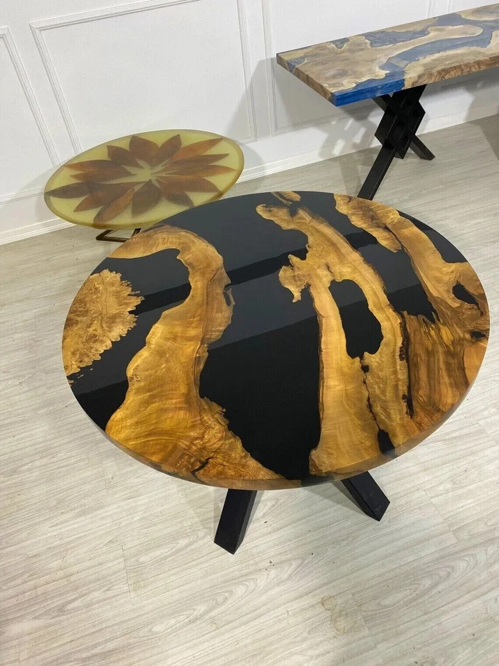 Round Epoxy Resin Coffee Table, Wooden Walnut Live Edge Table Hallway Decors Top - Image 4 of 4