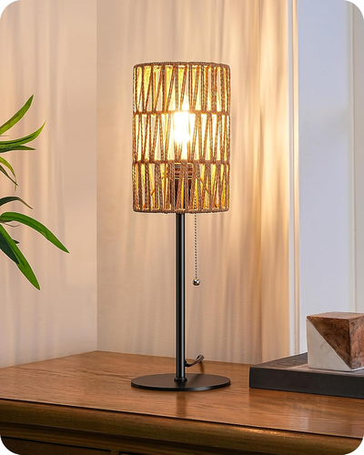 19.1" Rattan Table Lamp, Tall Bedside Lamp with W-Knit Lampshade, Pull-Chain Swi - 第 1/12 張圖片