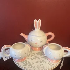 NEW Carnival Cottage Johanna Parker Ceramic Bunny Teapot + 2 Ceramic Bunny Mugs