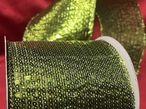 Christmas Green Sequin like, Wired Matrix RIBBON (4” Wide) (10 Yards) - Picture 5 of 7