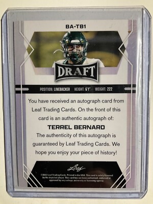 2022 Leaf Draft Auto Terrel Bernard #BA-TB1 Rookie Auto RC | eBay