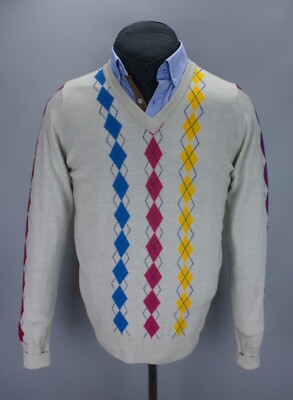 John Smedley Mens M Merino Wool V-Neck Jumper Beige Argyle Pattern Made in UK