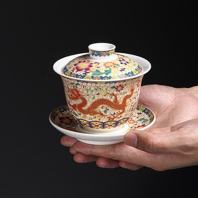 Color Enamel Craft Porcelain Gaiwan Sancai Bowl Saucer Lid Ceramic Tureen China