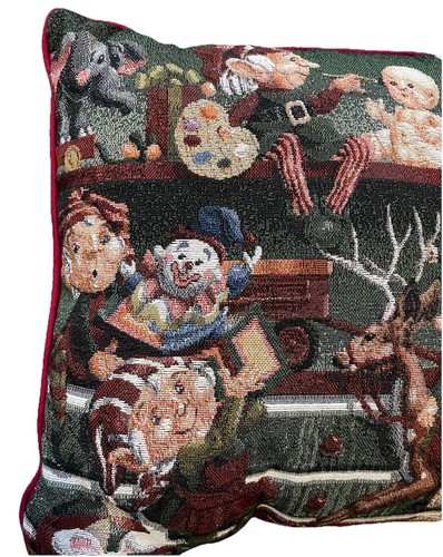 Vintage Santas Workshop Christmas Elves Tapestry Throw Pillow 15” x 15” - Picture 2 of 7