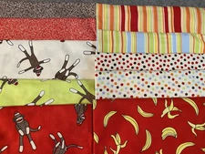 Lot of 10 fat quarters Moda Funky Sock Monkey cotton fabric bundle 18" x 22"