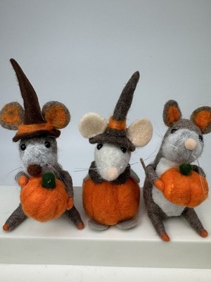 Hand Felted Mouse Figurines Lot of 3 | Halloween Pumpkins | Wire Armature