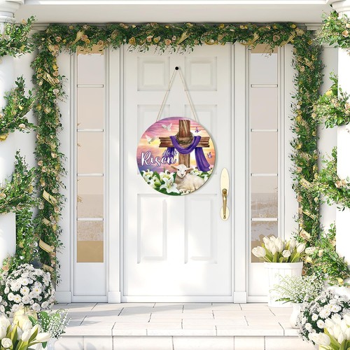He is Risen Easter Decoration Wooden Wreaths for Front Door Sign Large, Cross - Picture 3 of 7