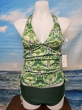 Nwt Cupshe Womens Two Pieces Tankini Size Small,  Ribbed Green Floral Paisley.