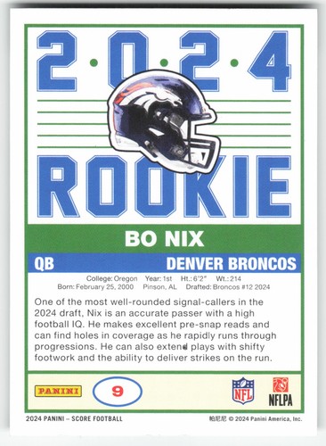 2024 Score - 35th Anniversary Rookie Bo Nix #9 (RC) - Picture 2 of 2