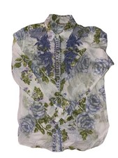 Magazine Womens Boho White Green Blue Floral Blouse Long Sleeve Button Up Size M
