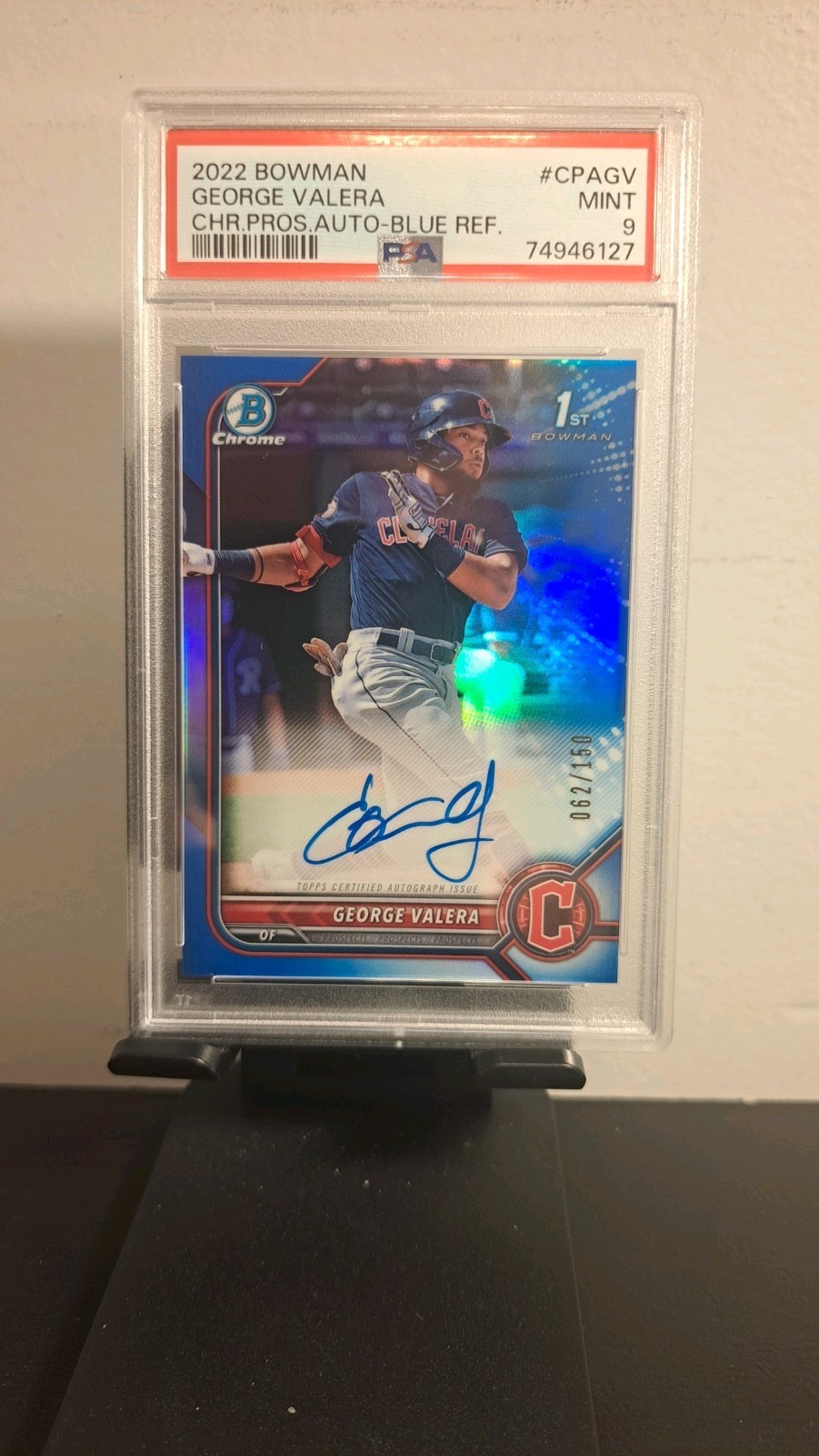 2022 Bowman Chrome George Valera 1st Prospect Blue Refractor Auto /150 PSA 9
