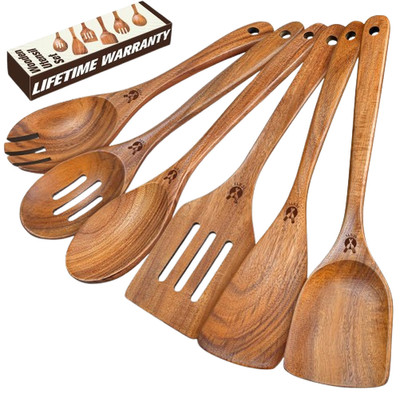 Wooden Spoons for Cooking, 6 Pcs Natural Teak Wooden Kitchen Utensils Set, Co...