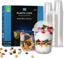 50 Pcs Disposable Plastic Cups,12 Oz Clear Plastic Parfait Cups with Dome Lids a