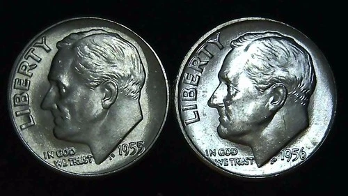 1955  1956-P  10C Roosevelt Dime (2  Coins) BU 90% Silver 26ctt0111-1