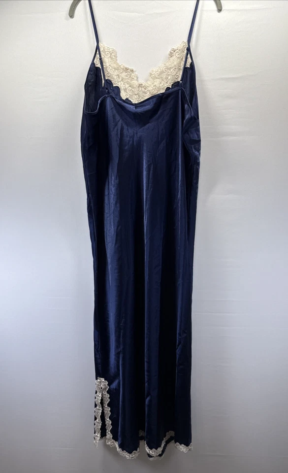 复古 Jaclyn Smith Studio 懒人连衣裙 XL 码蓝色缎面蕾丝 V 领睡衣 Y2K — 第 2/4 张图片