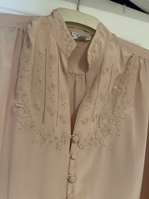 vintage Lloyed Williams 80s embroidered bib poet blouse Sz M Peach