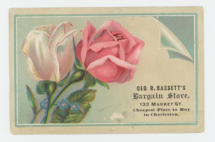 Mr Fancy Cancel Geo R Bassett's Bargain Store Charleston Vintage Ad Card #2056