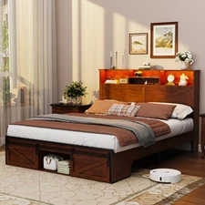 Brown Full/Queen Size Platform Bed Frame with LED Storage Headboard & USB Ports
