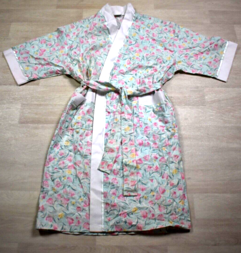 80s Adonna Floral Poly Cotton Robe Vintage 1980s Spring Belted Pockets Large - Picture 1 of 5