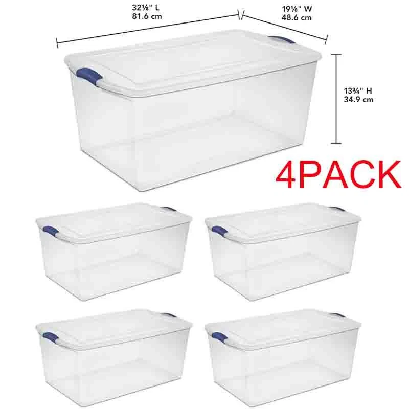 Set of 4 Large Storage Containers 105 Quart Clear Plastic Totes