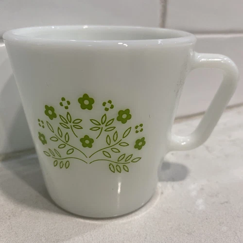 Vintage Pyrex Summer Impressions Green Flower Milk Glass Coffee Mug Cup