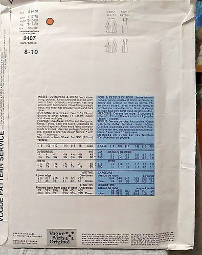 VOGUE2407 Paris Original KARL LAGERFELD Swing Dress Pattern Slip Dress ,8-10-12 - Picture 3 of 3