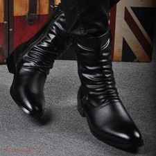 British Mens Pointed Toe Ankle Boots High Top Side Zipper Shoes Winter Biker